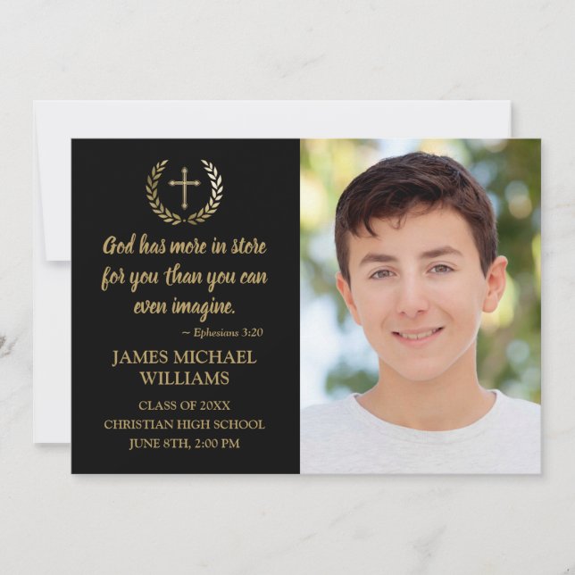 Christian Bible Verse Photo Black Graduation Announcement (Front)