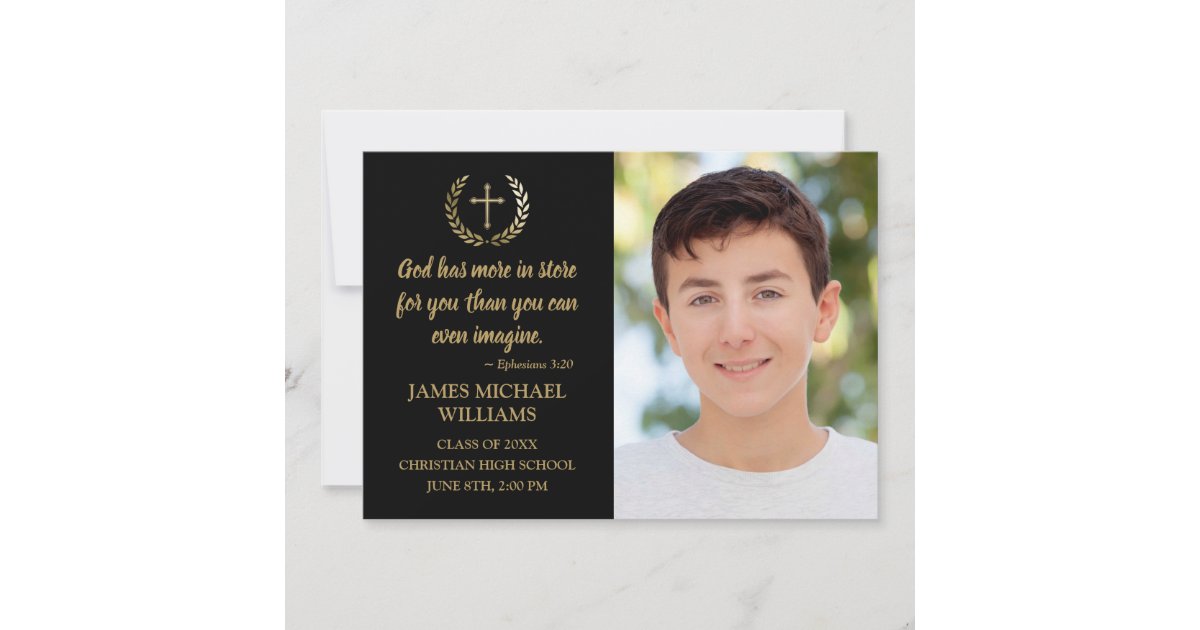 Christian Bible Verse Photo Black Graduation Announcement | Zazzle