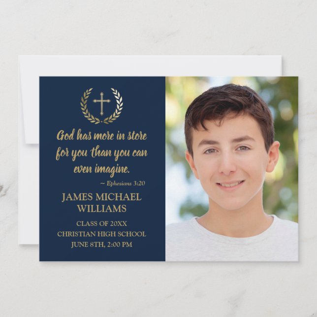 Christian Bible Verse Photo Blue Boy Graduation Announcement (Front)