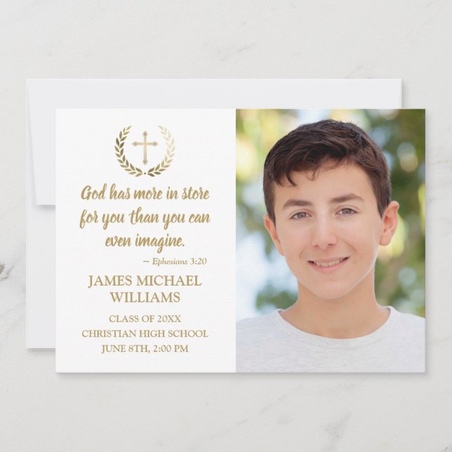 Christian Bible Verse Photo White Boy Graduation Announcement (Front)