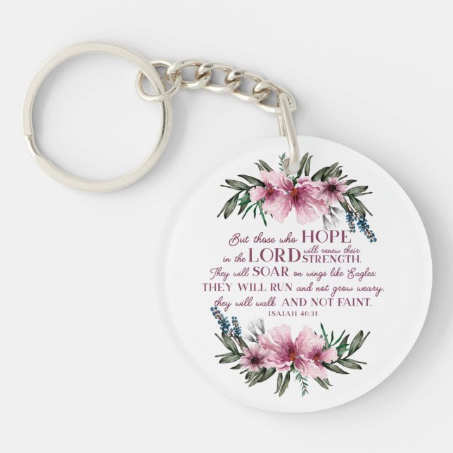 Christian Bible Verse Pink Floral Personal Message Keychain (Front)