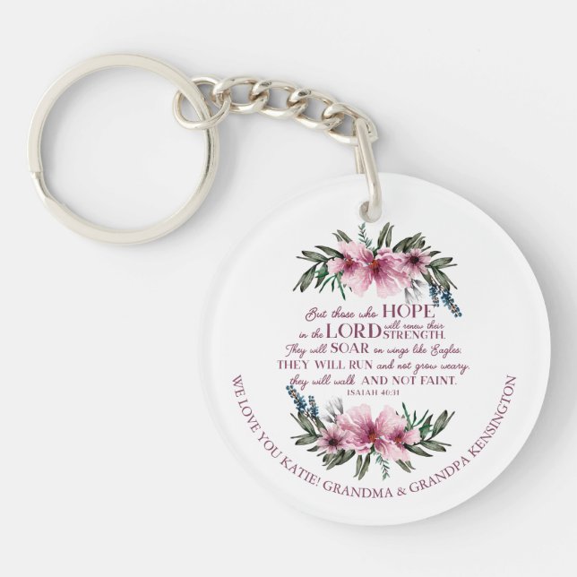 Christian Bible Verse Pink Floral Photo Message Keychain (Front)