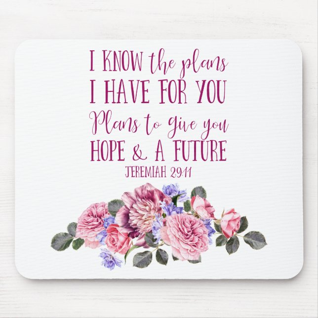 Christian Bible Verse Pink Watercolor Floral Mouse Pad (Front)