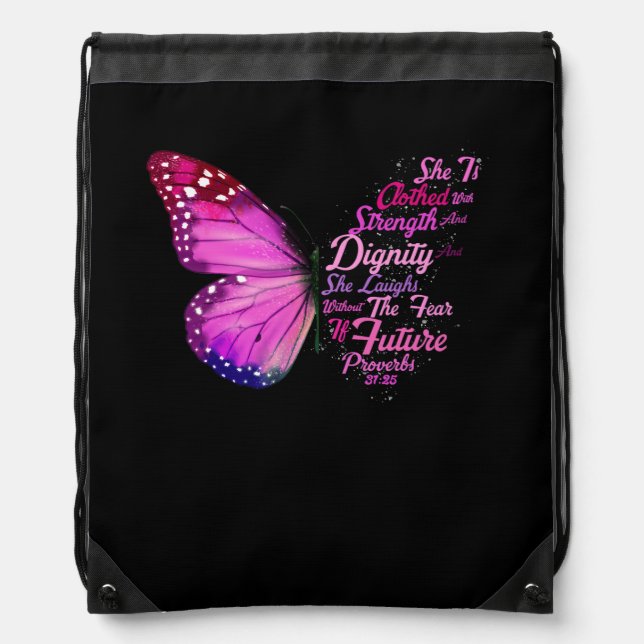 Christian Bible Verse Proverbs 31 25 Butterfly She Drawstring Bag (Front)
