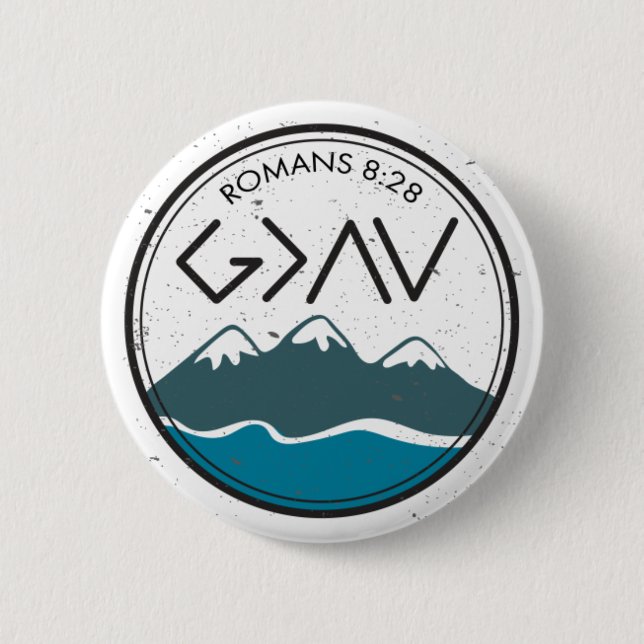 Christian Bible Verse Romans 8:28 God Is Greater Button (Front)