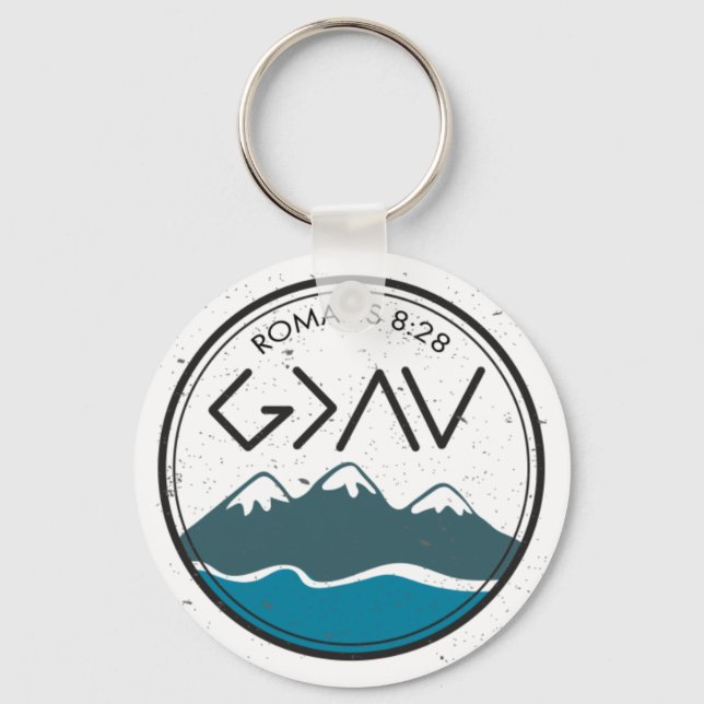 Christian Bible Verse Romans 8:28 God Is Greater Keychain (Front)
