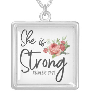 Christian Bible Verse She Strong Proverbs 31:25 Silver Plated Necklace