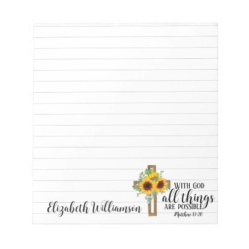 Christian Bible Verse Sunflowers Cross Name Lined Notepad