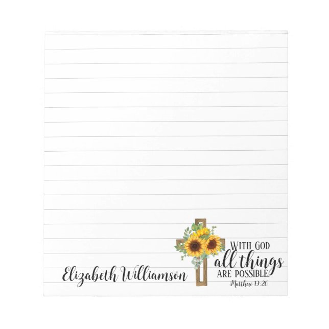 Christian Bible Verse Sunflowers Cross Name Lined Notepad (Front)