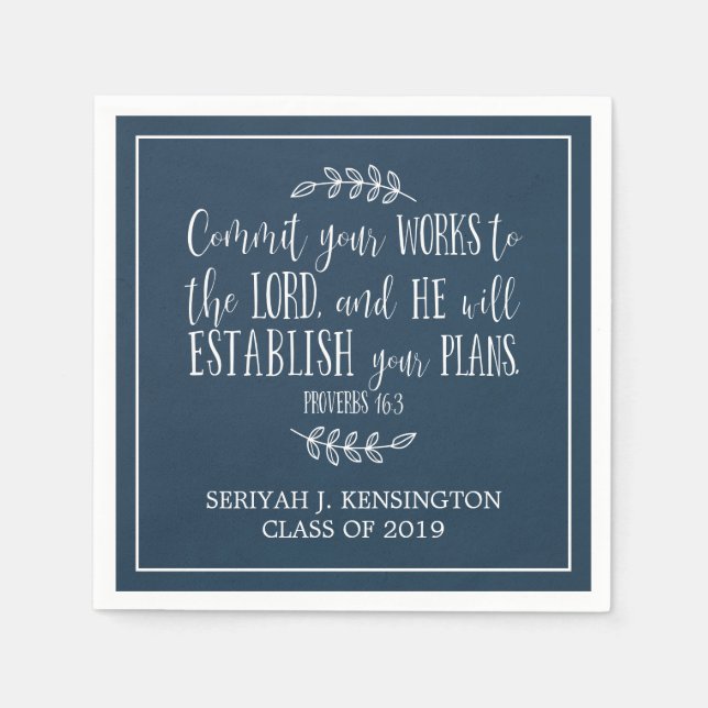 Christian Bible Verse Typography Blue Graduation Napkins (Front)