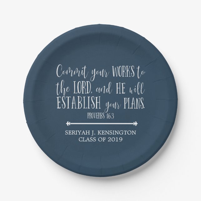 Christian Bible Verse Typography Blue Graduation Paper Plates (Front)