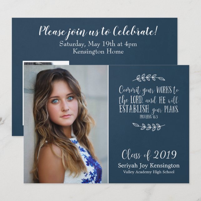 Christian Bible Verse Typography Graduation Photo Invitation (Front/Back)