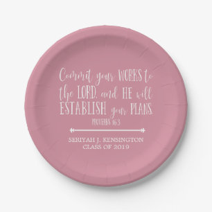 Christian Bible Verse Typography Pink Graduation Paper Plates