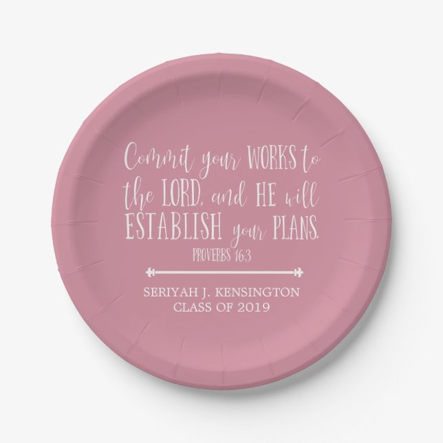 Christian Bible Verse Typography Pink Graduation Paper Plates (Front)