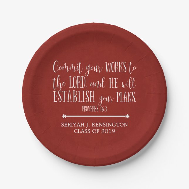 Christian Bible Verse Typography Red Graduation Paper Plates (Front)