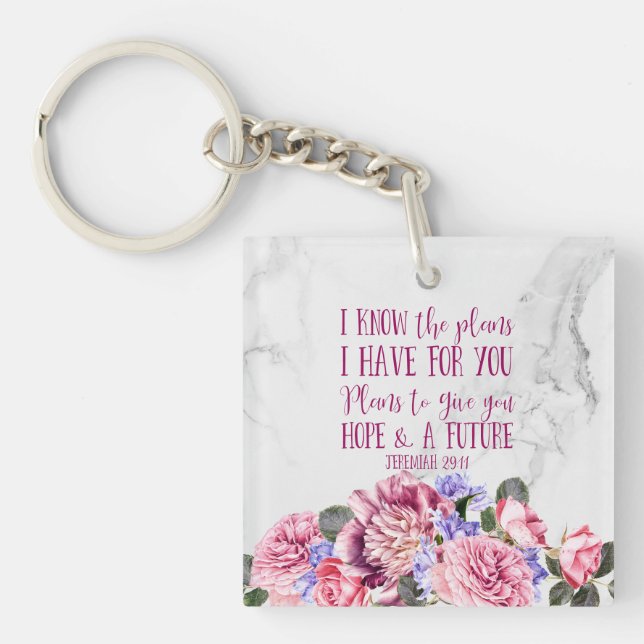 Christian Bible Verse Vintage Floral Marble Keychain (Front)