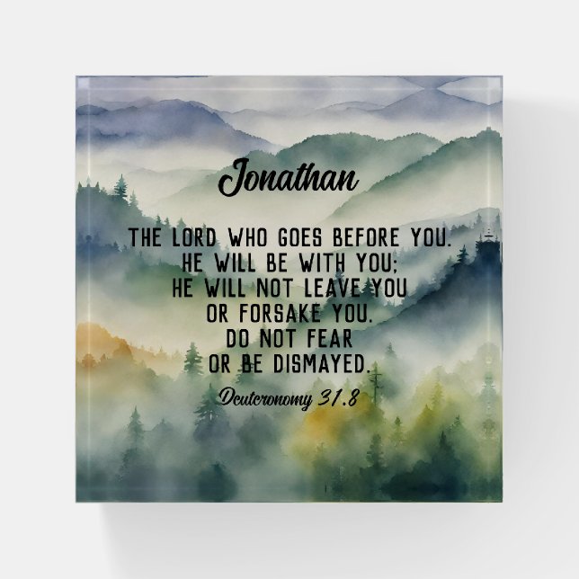 Christian Bible Verse Watercolor Mountains Name Paperweight (Front)