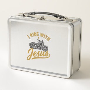 Christian Biker I Ride With Jesus Vintage Motorcyc Metal Lunch Box