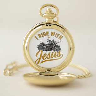 Christian Biker I Ride With Jesus Vintage Motorcyc Pocket Watch