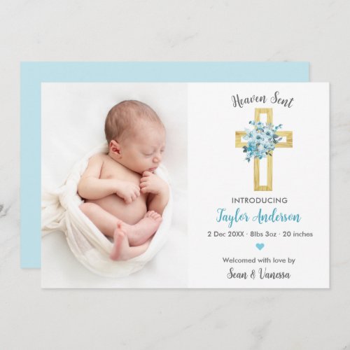 Christian Birth Announcement Photo Card Blue Cross