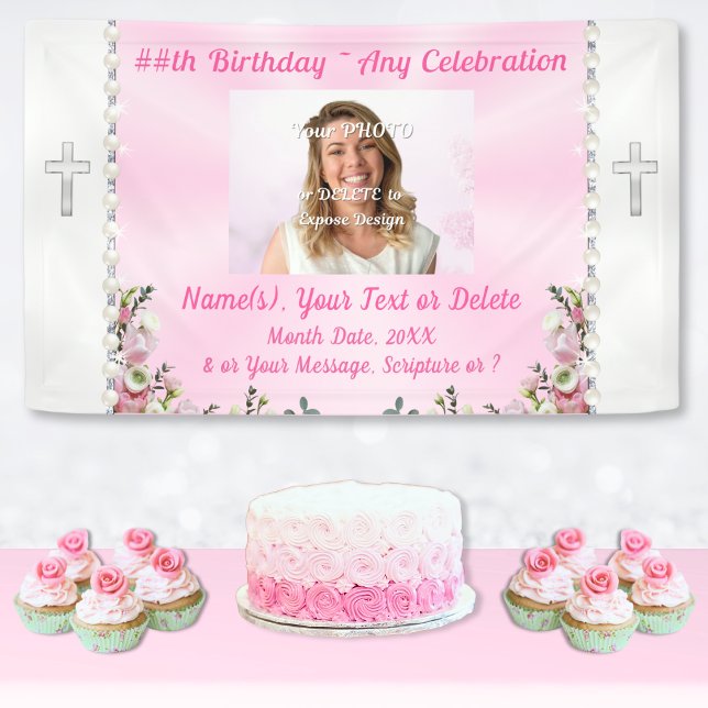 Christian Birthday Banner, Pastor's Wife Birthday, Banner (Christian Birthday Party Ideas. personalized birthday banner with picture. Pink birthday banner.)