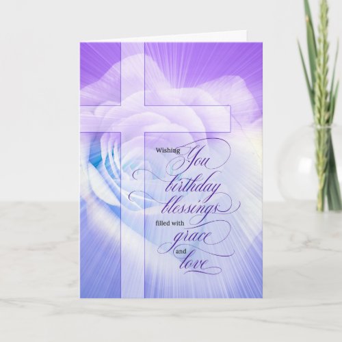Christian Birthday Blessings Purple Rose and Cross Card