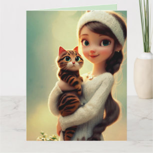 CHRISTIAN BIRTHDAY GIRL & CAT ART PHILIPPIANS 1:3 CARD
