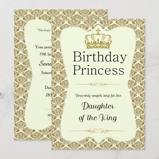 Christian Birthday Princess Gold and Cream Damask Invitation (Front/Back)