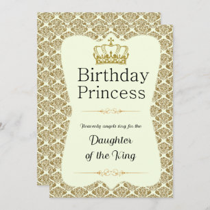 Christian Birthday Princess Gold and Cream Damask Invitation