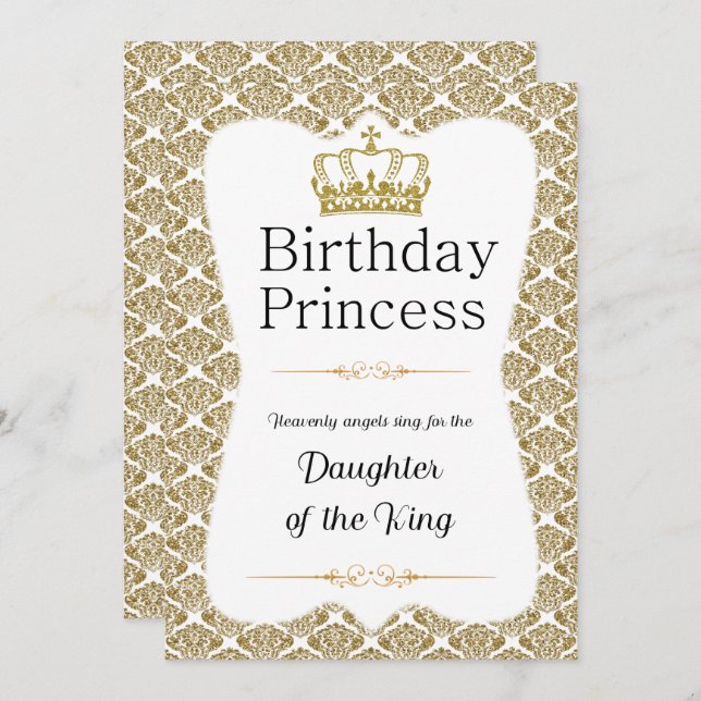 Christian Birthday Princess Gold Damask Invitation (Front/Back)