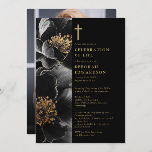 Christian Black And Gold Celebration Of Life Photo Invitation