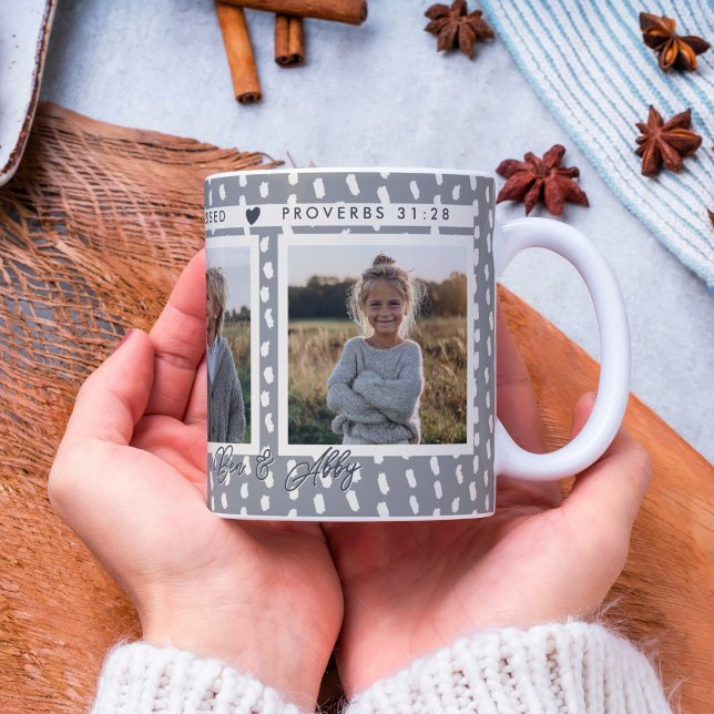 Christian Blessed Mom Photo Collage Names Keepsake Coffee Mug (A Christian keepsake mug with Proverbs 31:28 and space for 3 photos.)