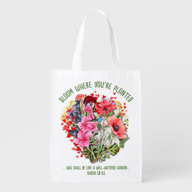 Christian BLOOM WHERE YOU'RE PLANTED Floral Grocery Bag (Front)