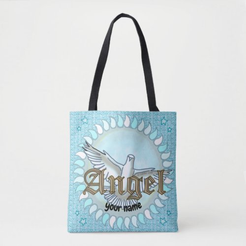 Christian Blue Angel Dove custom name Tote Bag