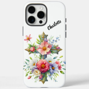Christian Blue Cross by Blossoming Flowers iPhone 16 Pro Max Case