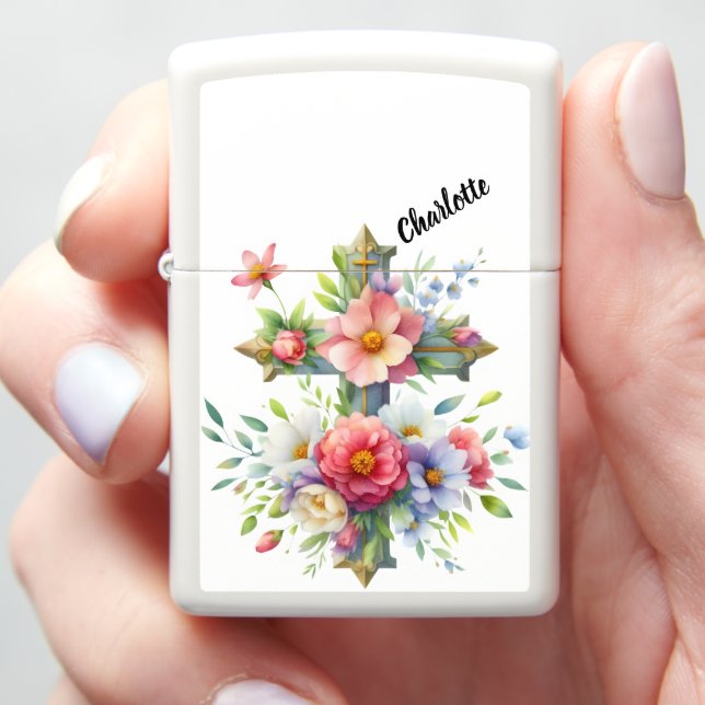 Christian Blue Cross by Blossoming Flowers Zippo Lighter (In Hand)