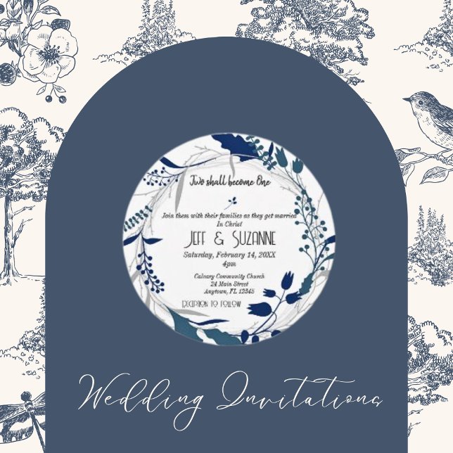 Christian Blue Floral Wreath Two Become One   Invitation (Christian Blue Floral Wreath Two Become One Wedding Invitations)