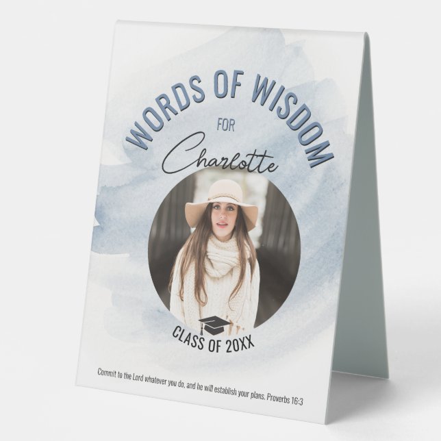 Christian Blue Graduation Words of Wisdom Table Tent (Front)