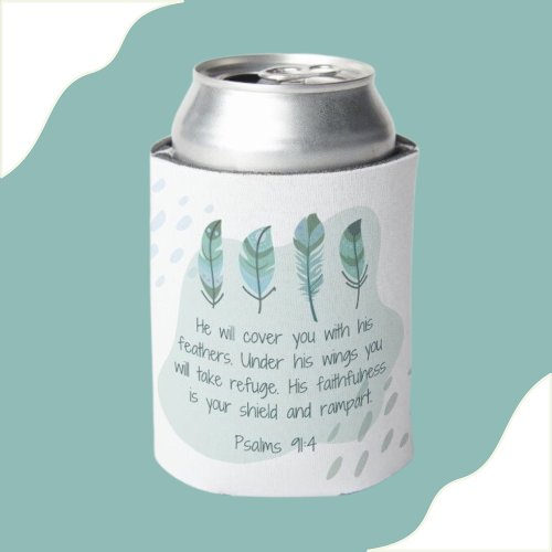 Christian Boho Feathers Psalm 914 Blue Green Can Cooler