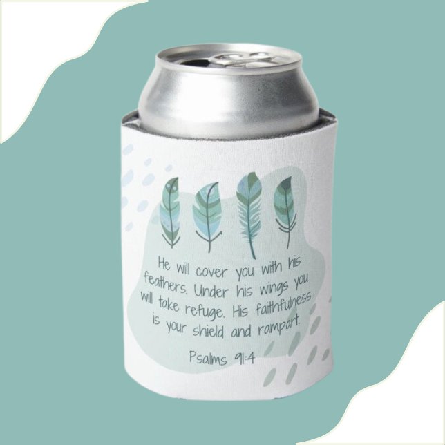 Christian Boho Feathers Psalm 91:4 Blue Green Can Cooler (Creator Uploaded)