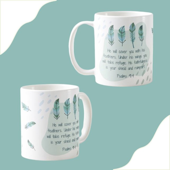 Christian Boho Feathers Psalm 91:4 Blue Green Coffee Mug (Creator Uploaded)