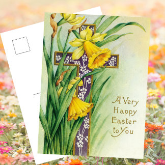 Christian Catholic Floral Cross Jesus Happy Easter Holiday Postcard