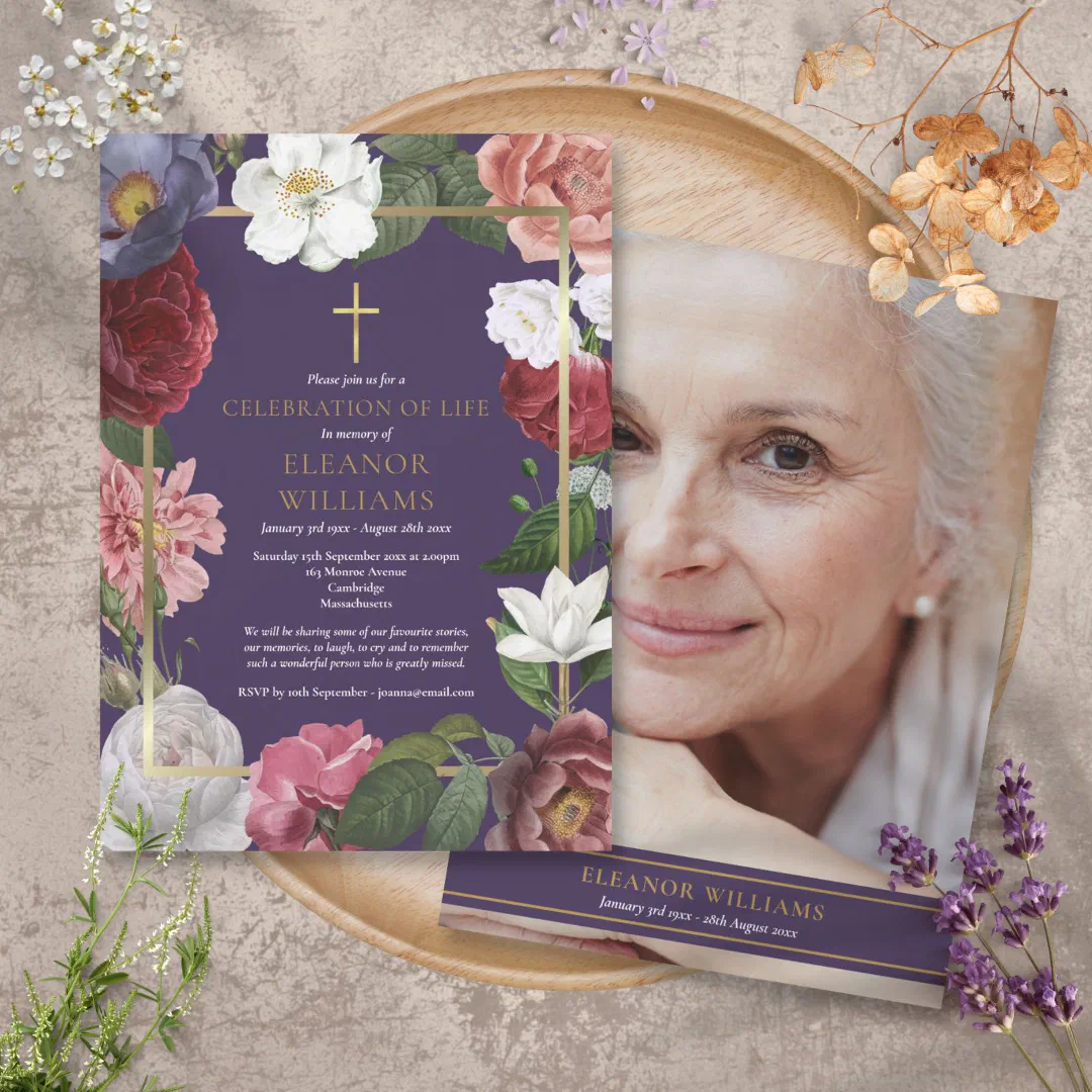 Christian Celebration of Life Purple Floral Photo Invitation (Christian Celebration of Life Purple Floral Photo Invitation)