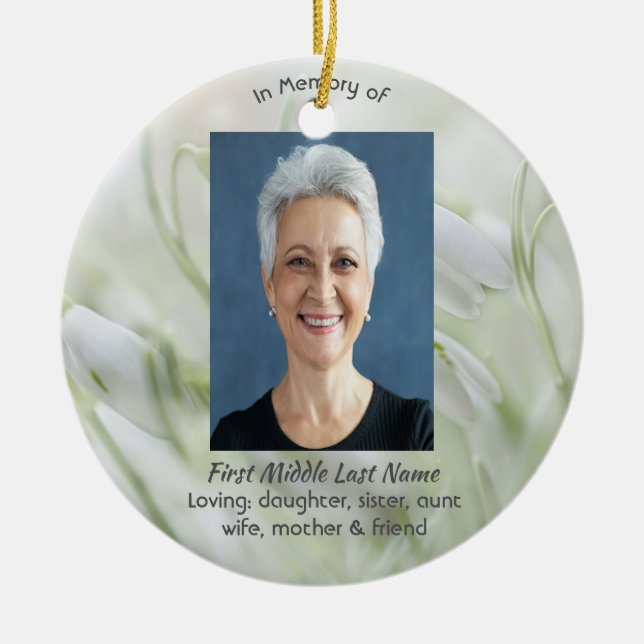 Christian Celebration of Life Snowdrop Flowers Ceramic Ornament (Front)