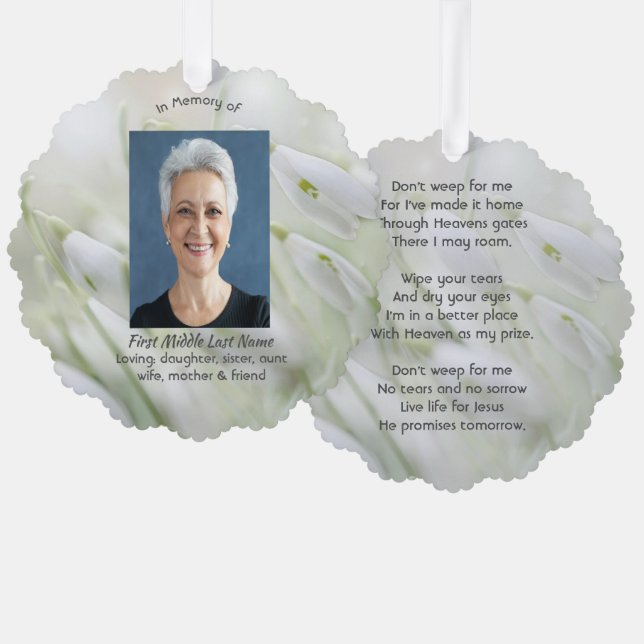 Christian Celebration of Life Snowdrop Flowers Ornament Card (Front/Back)