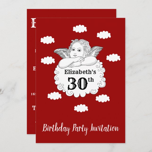 Christian Cherub Angel Happy 30th Birthday Red Invitation (Front/Back)