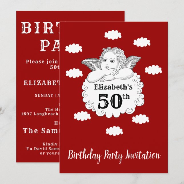 Christian Cherub Angel Happy 50th Birthday Red Invitation (Front/Back)