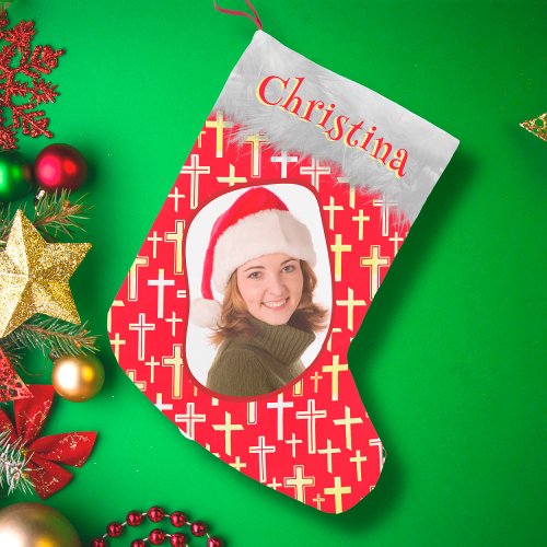 Christian Christ Cross Red Gold Elegant Photo Name Small Christmas Stocking