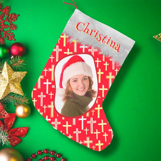 Christian Christ Cross Red Gold Elegant Photo Name Small Christmas Stocking (Creator Uploaded)
