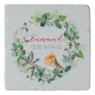 Christian Christmas God With Us Watercolor Wreath Trivet